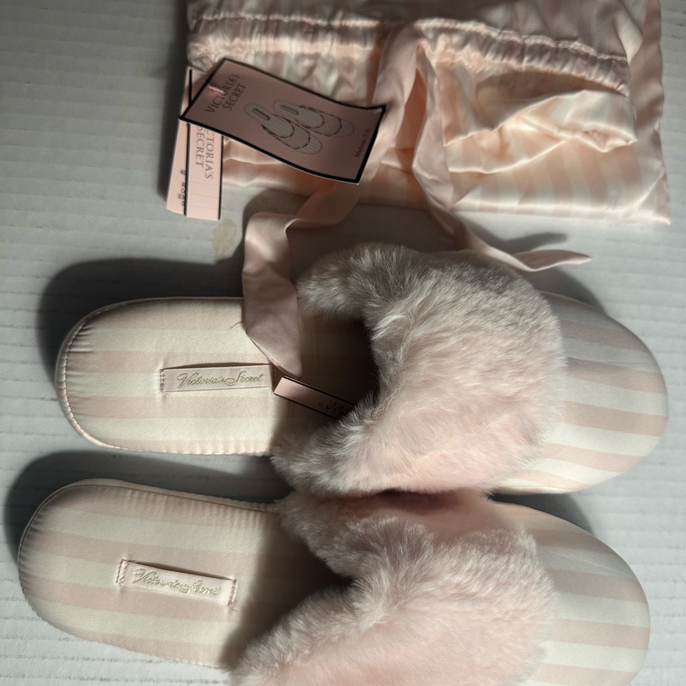 Victoria's Secret Pink Striped Slippers with Bag